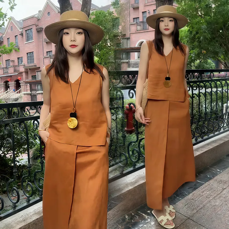 慵懒风休闲套装女2025夏季新款百搭纯色v领无袖背心半身裙两件套