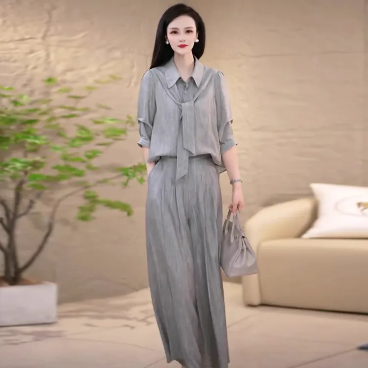 时尚套装女2025秋季新款洋气宽松显瘦衬衫阔腿裤气质减龄两件套潮