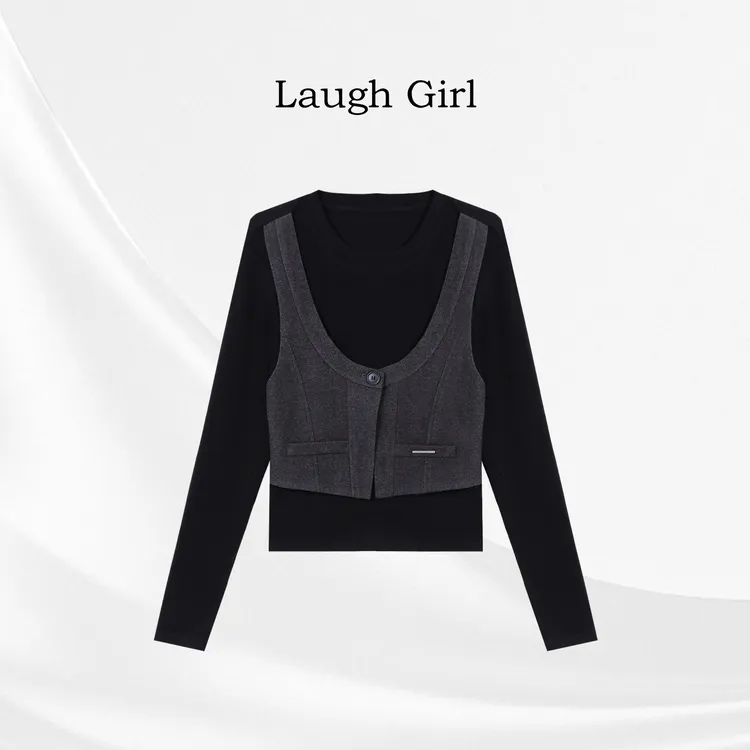 楚楚君 Laugh girl【与秋漫漫】德绒圆领假两件气质上衣CL55029J
