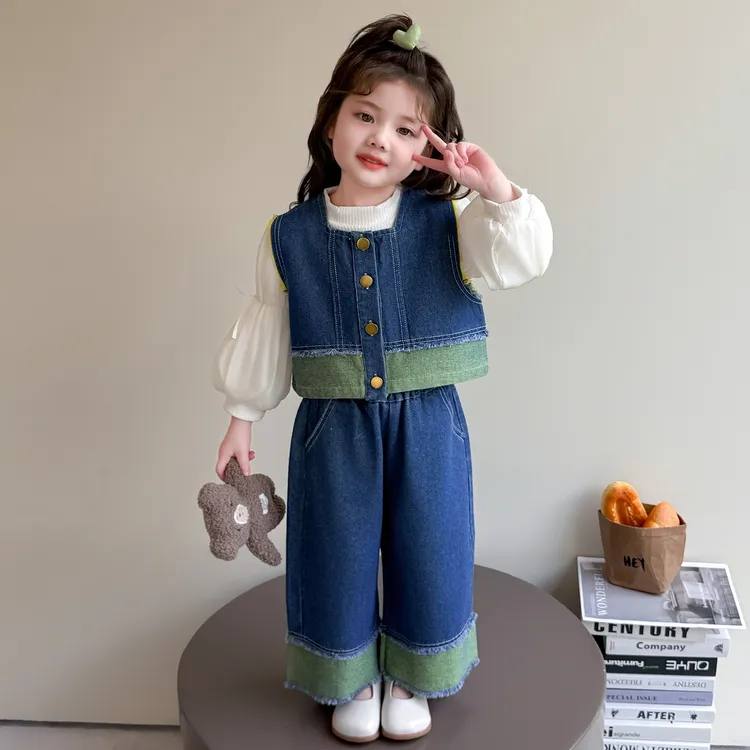 儿童春秋装洋气女童牛仔套装时髦小女孩女宝宝马甲阔腿裤三件套潮