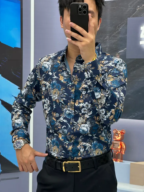 25秋季（轩诚）桑蚕丝绵羊毛印花高品质男士时尚百搭玫瑰长衬衫衬衣