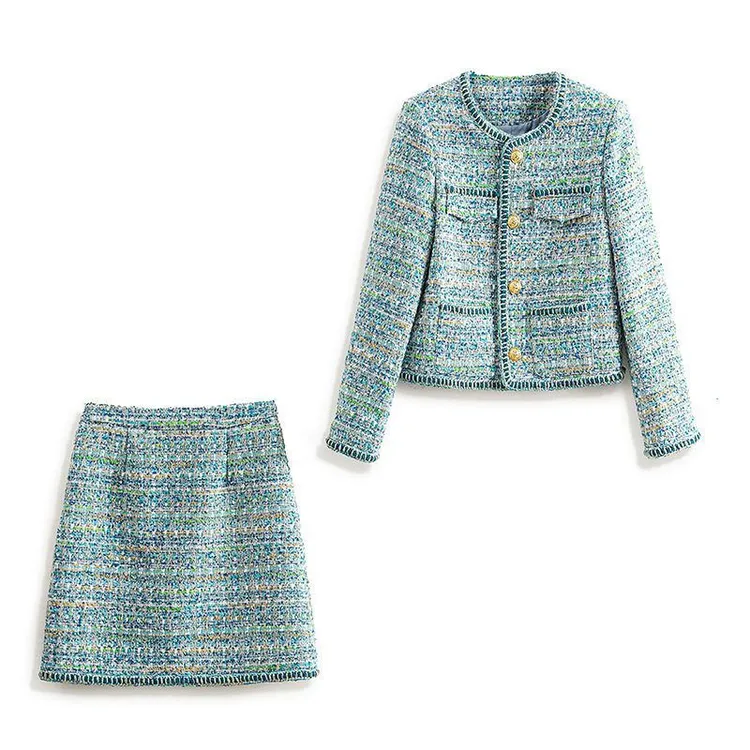 轻奢名媛款两件套外套-小时尚亮丝半裙香风减龄上衣+编织