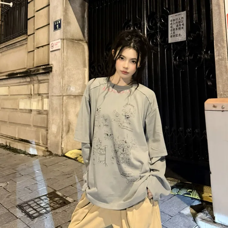 假两件长袖T恤男士秋季新款小众迪士尼重磅美式宽松情侣打底衫