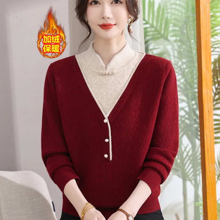 妈妈冬装加绒加厚毛衣短款保暖上衣中老年人秋冬旗袍领打底毛衣