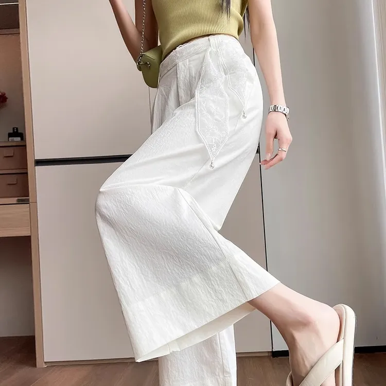 八分白色冰丝阔腿裤女夏季薄爆款2025高腰宽松显瘦垂感休闲直筒裤