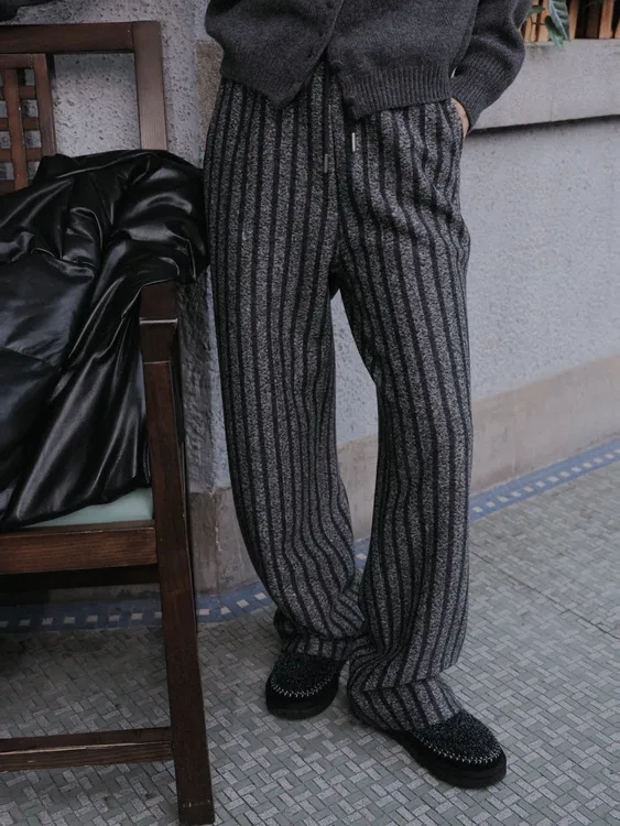 TT设计师【条纹裤】复古高级感竖条纹松紧腰绳直筒裤TT191654