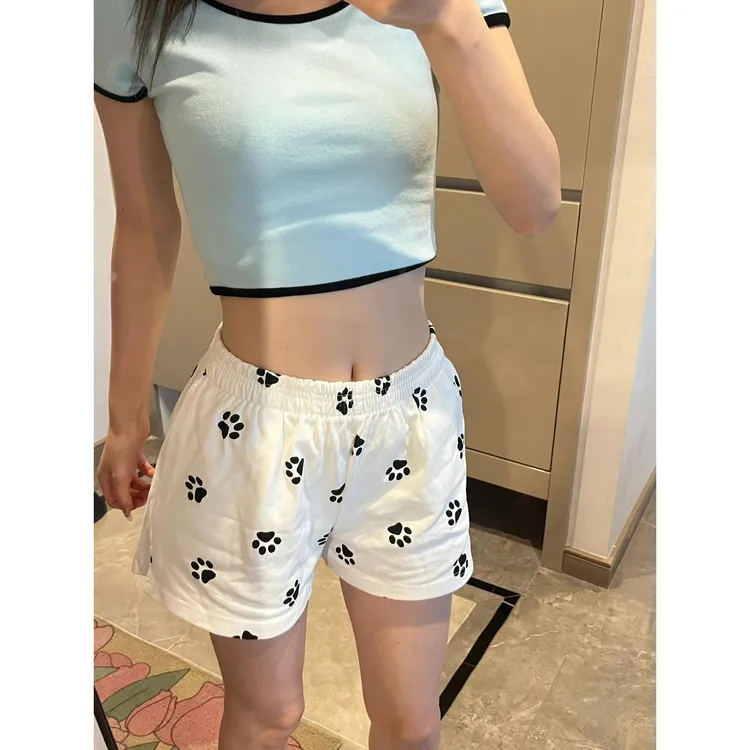 雪千羽美式狗脚印花运动短裤女夏薄宽松休闲外穿a字三分阔腿热裤