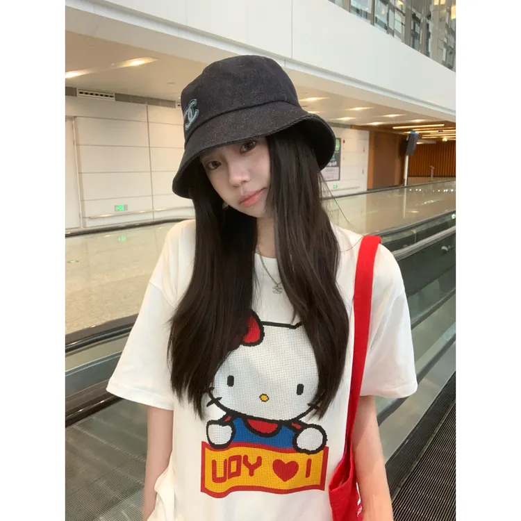 美式慵懒风宽松白色HelloKitt印花短袖T恤女夏季显瘦圆领纯棉上衣