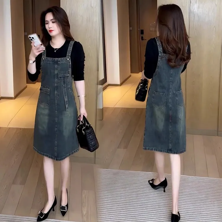 时尚牛仔背带裙女2025春季新款洋气显瘦减龄宽松假两件拼接连衣裙