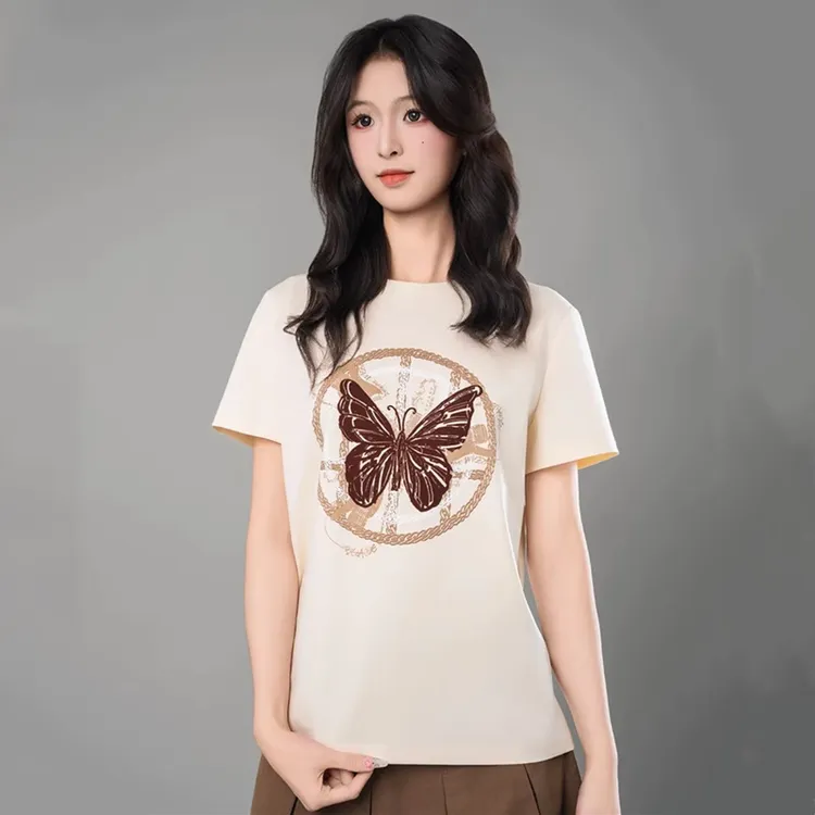 哥弟阿玛施正2025春夏款蝴蝶印花纯棉圆领短袖T恤女上衣女530082