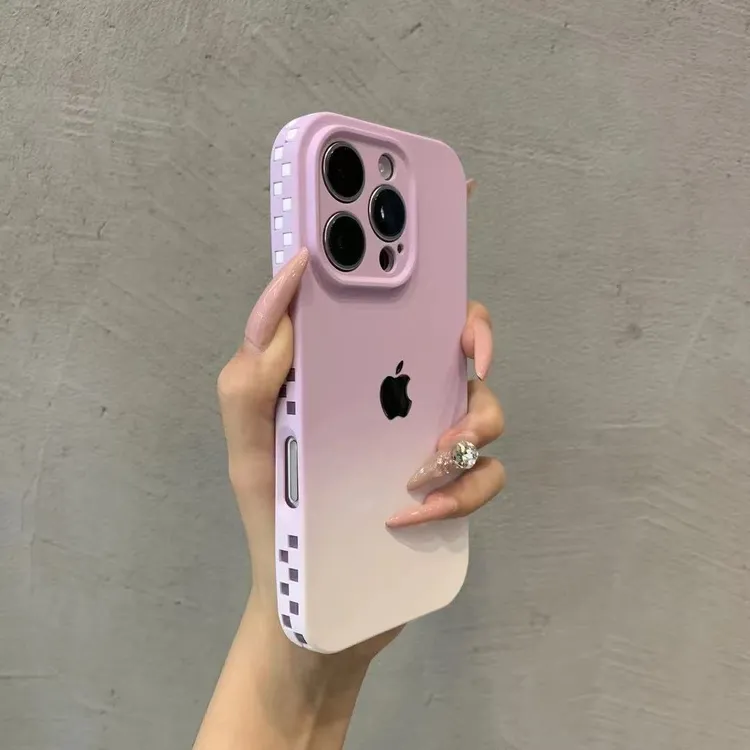方块格渐变色适用苹果16手机iPhone15promax全包防摔苹果手机壳