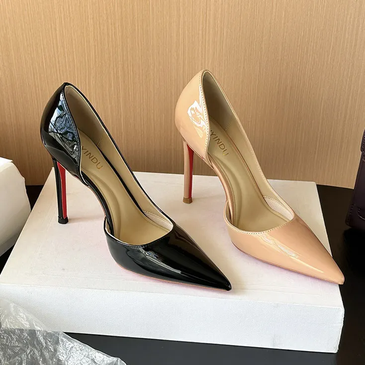 裸色高跟鞋女细跟侧空红底法式尖头性感黑色百搭不累脚护趾棉单鞋