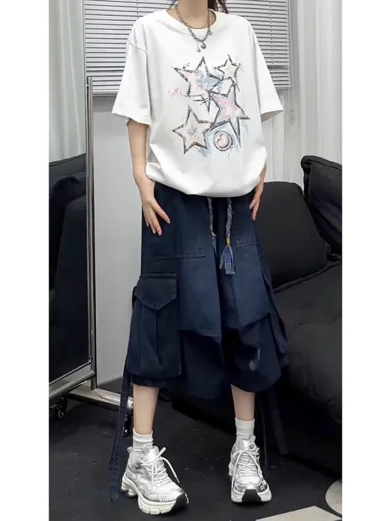 蓝色七分工装短裤男女夏薄款美式复古牛仔中裤设计感阔腿八分马裤