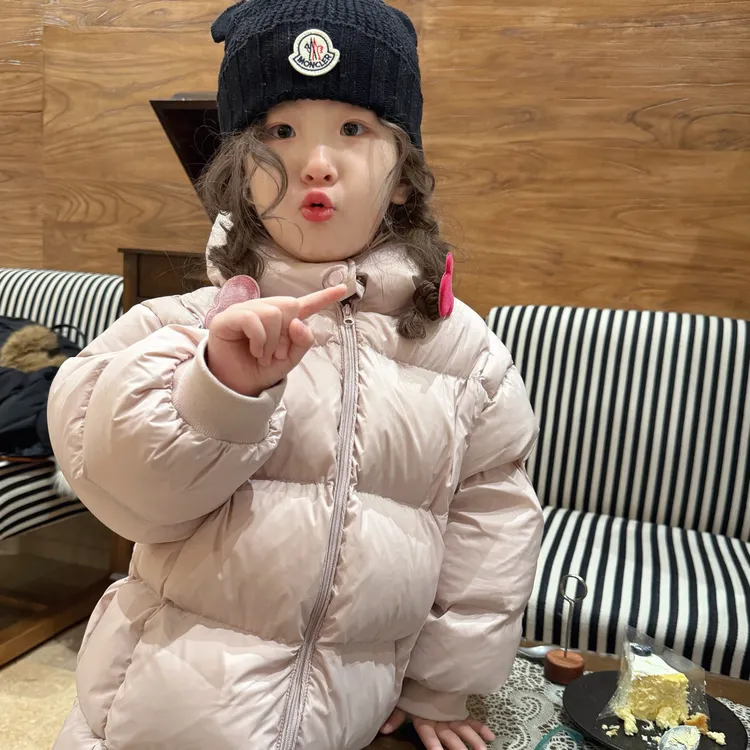 小思家2025冬季新款韩版女童洋气纯色女童中长款粉色棉服外套