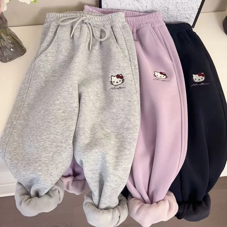 306-秋冬季新款KT猫刺绣儿童加绒卫裤女童加厚