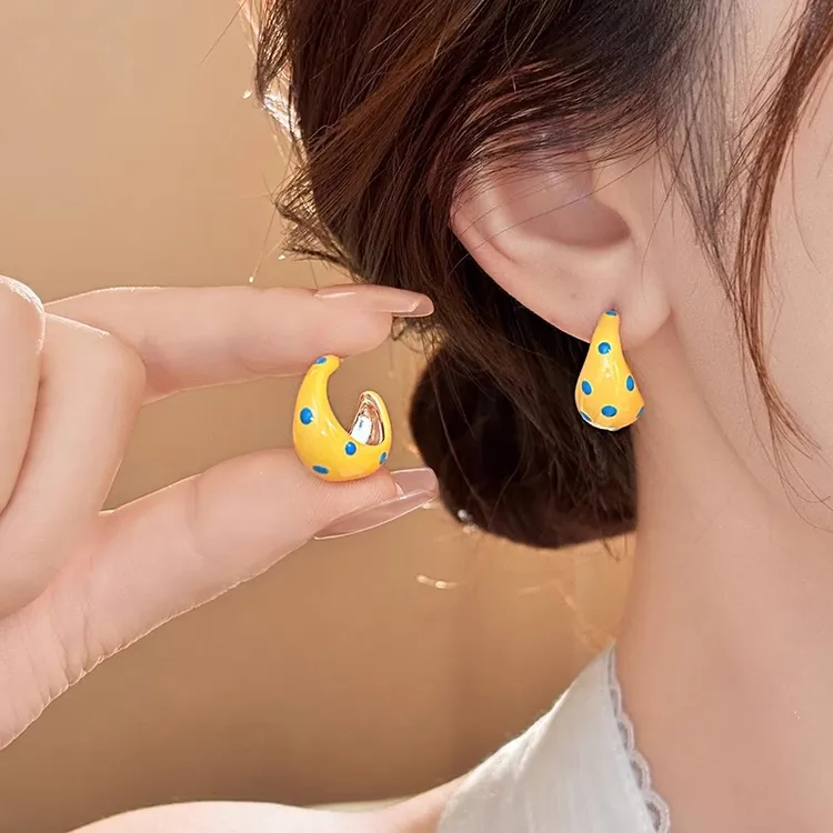 黄色波点滴釉C圈耳环女新款爆款高级感轻奢耳钉精致小众耳饰3753