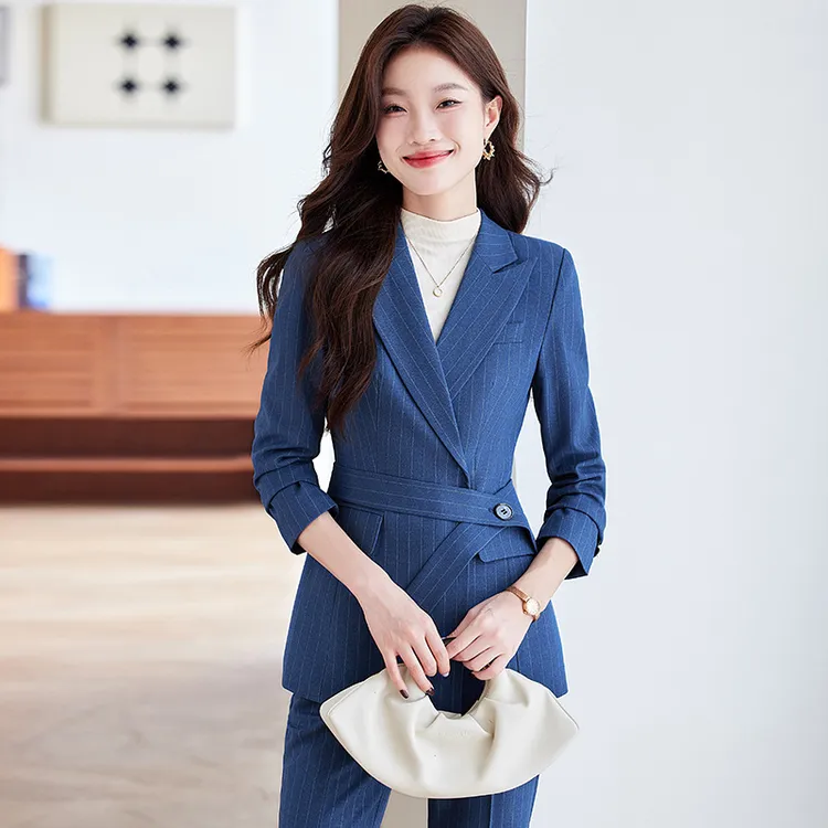 高端条纹西装套装女2024新款正式场合职业装正装收腰显瘦西服外套
