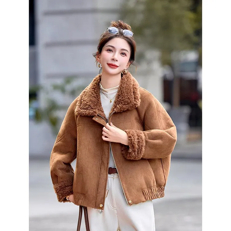 j2柔软麂皮羊羔毛皮毛一体外套女加绒加厚冬季新款今流行爆款
