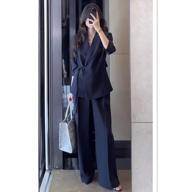 大码藏青色系带西装阔腿裤套装女春夏新款胖mm韩版高级感时尚西服