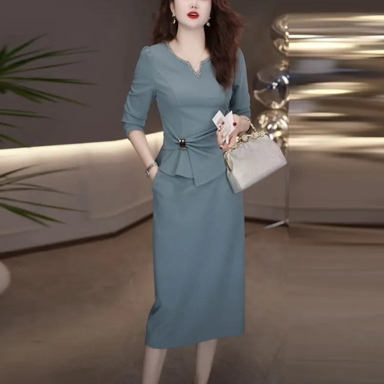 梭织精纺轻奢女装2025秋季新款高级感长袖法式优雅假两件连衣裙子