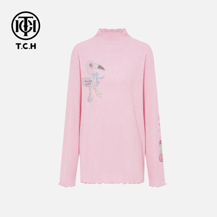 TCH【拍照穿搭】冬款慵懒风烫钻时尚淑女粉色针织衫T75D09E5021