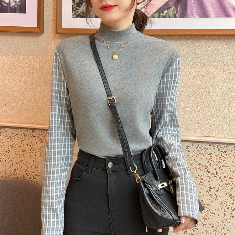 2025秋季新款正肩长袖打底设计感撞色拼接半高领上衣超舒适打底衫