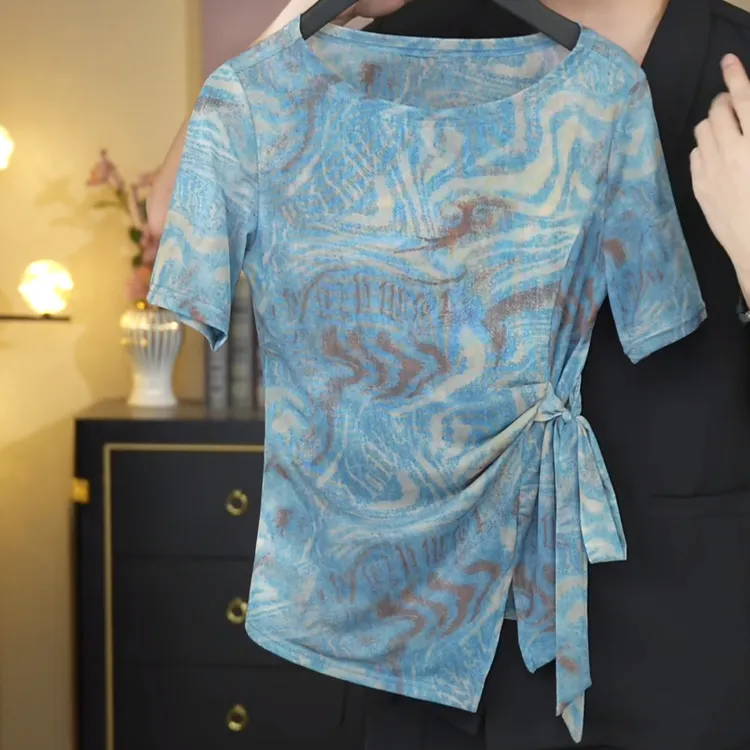 设计感复古晕染蝴蝶结绑带短袖T恤2025夏季新款国风时尚百搭上衣