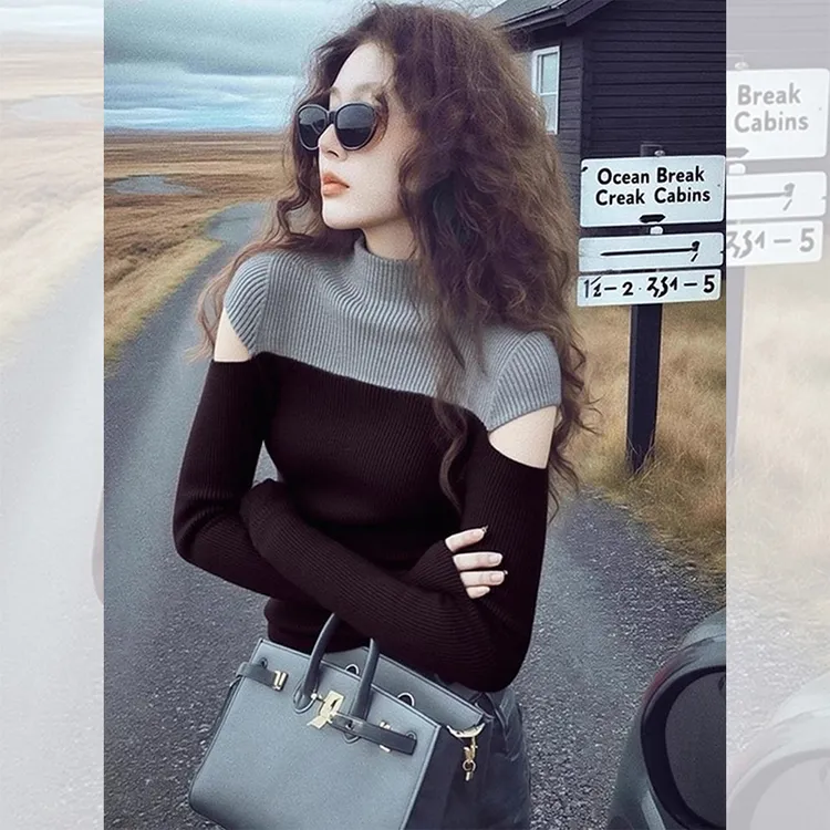 别致独特漂亮撞色内搭镂空立领针织打底小衫女装秋冬洋气高贵上衣