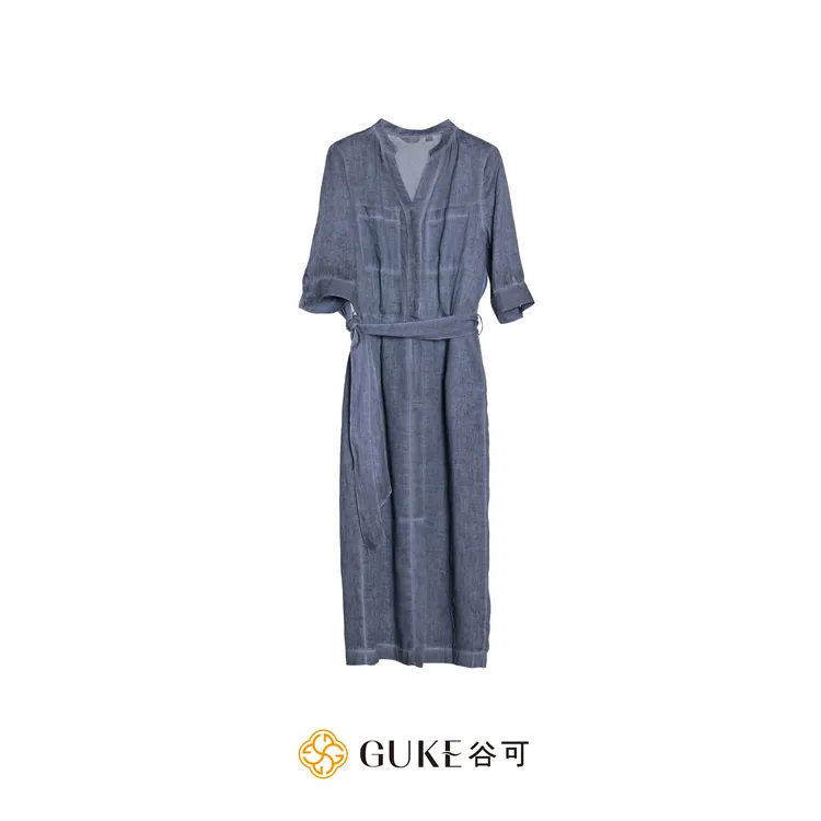 GKE/谷可LQ1392炒色亚麻连衣裙2025夏季新款系带优雅收腰气质女装