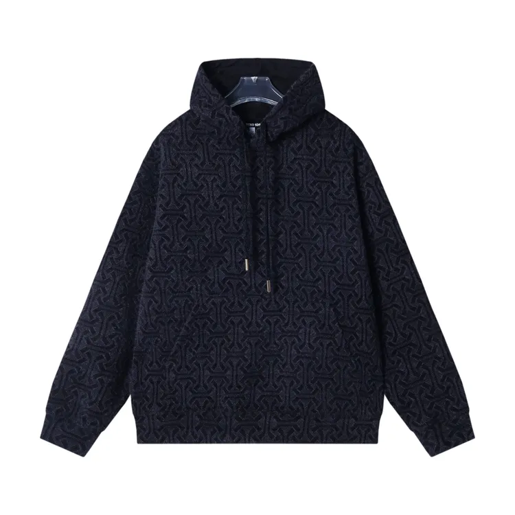 秋冬新款男士连帽套头暗纹美式高街日常宽松长袖校园风抽绳卫衣