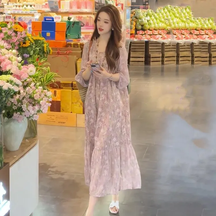 洋气优雅桑蚕丝连衣裙女2025夏季新款宽松百搭休闲透气碎花中长裙