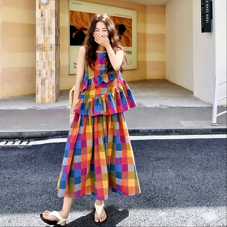 多巴胺无袖彩色格纹背心半身裙套装女夏2025新款巨好看绝美两件套