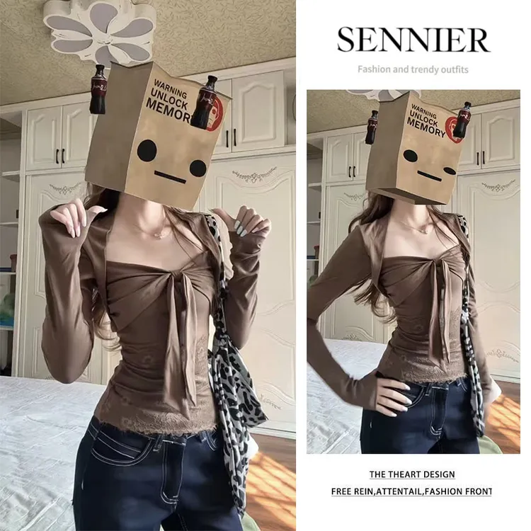 韩系穿搭2025秋冬新款设计感修身长袖上衣百搭显瘦牛仔裤两件套女