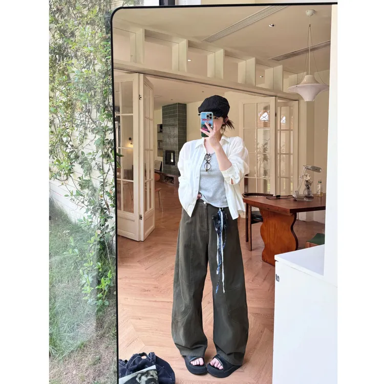 晶咕【街头chill】设计感斜拼缝高腰阔腿休闲弯刀裤百搭时尚