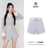 清-Peshe【条纹短裤】高腰显瘦直筒气质慵懒休闲裤女配腰带L1230