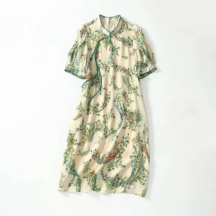 门店46&9！雨过天青色！改良旗袍/篙品印花短袖连衣裙女 D40047