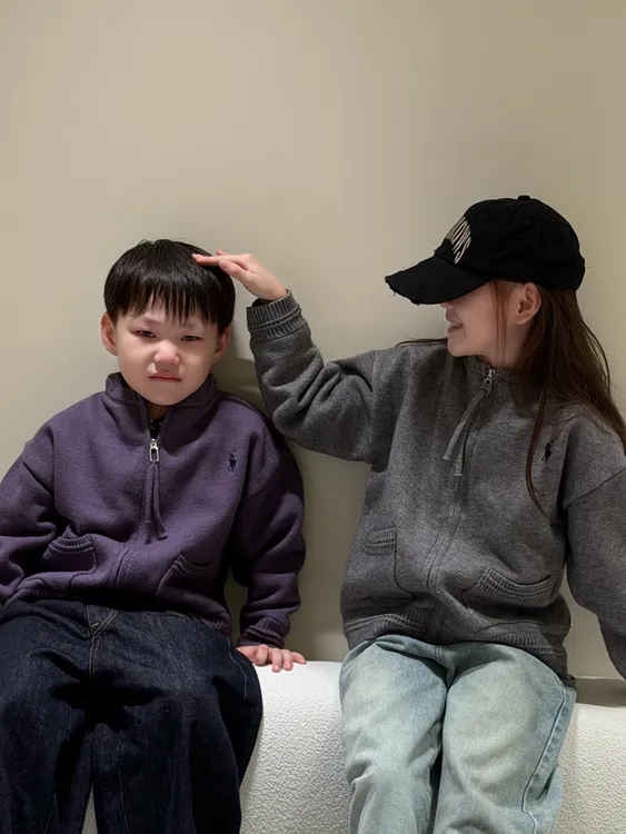 【加绒冬款】儿童新韩版针织纯色刺绣口袋拉链开衫外套百搭时尚休闲