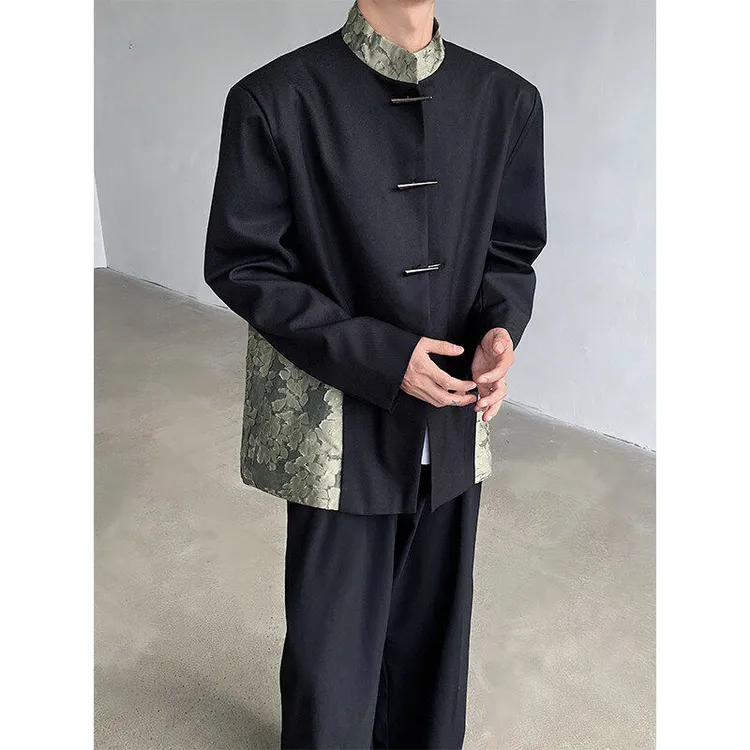 春秋新中式西服小众蕾丝拼接中山装外套男雅痞国风立领西装发型师