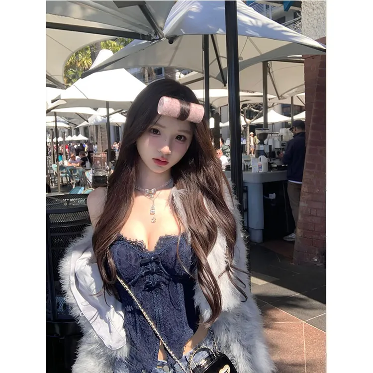 【心动蓝蓝】高级感法式性感辣妹蕾丝抹胸上衣牛仔长裤时尚两件套