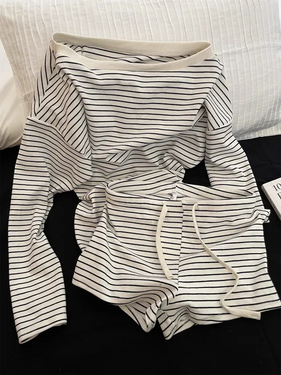 黑白条纹斜肩韩版甜美睡衣女2025夏季新款长袖短裤休闲家居服套装