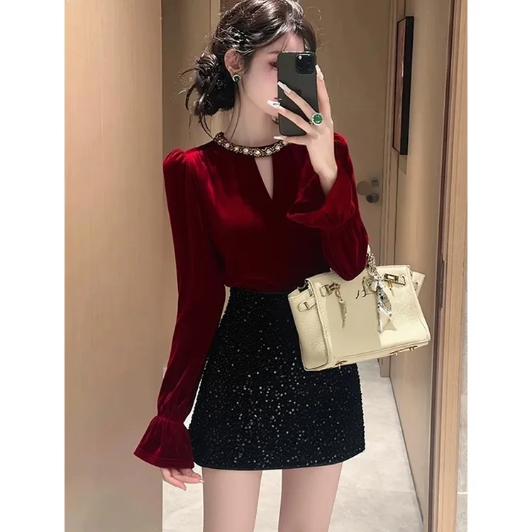 名媛小香风套装丝绒打底上衣亮片半身裙A字短裙两件套时尚女秋冬