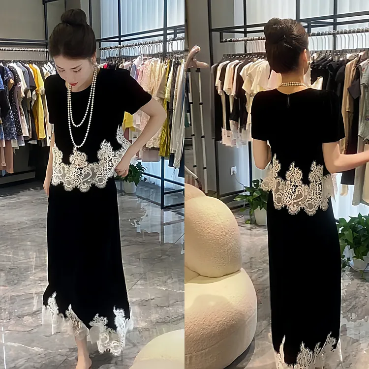 显瘦吊带短袖法式休闲风修身镂空拼接时尚套装礼服