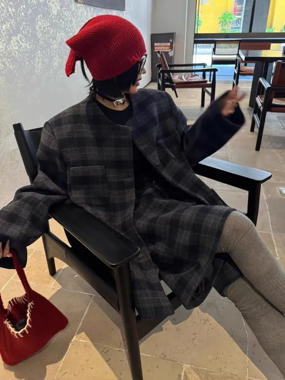 格子英伦西装慵懒风复古港风毛呢静奢风休闲时尚套装韩版宽松外套