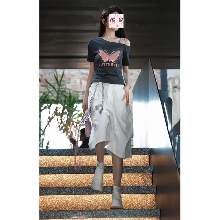 2025夏季蝴蝶印花斜肩领短袖T恤高腰六分裤显瘦盐系减龄两件套装