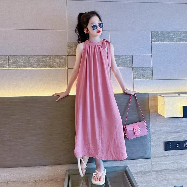 【现货】儿童夏季休闲连衣裙高贵上档次中大童粉色挂脖吊带裙公主裙