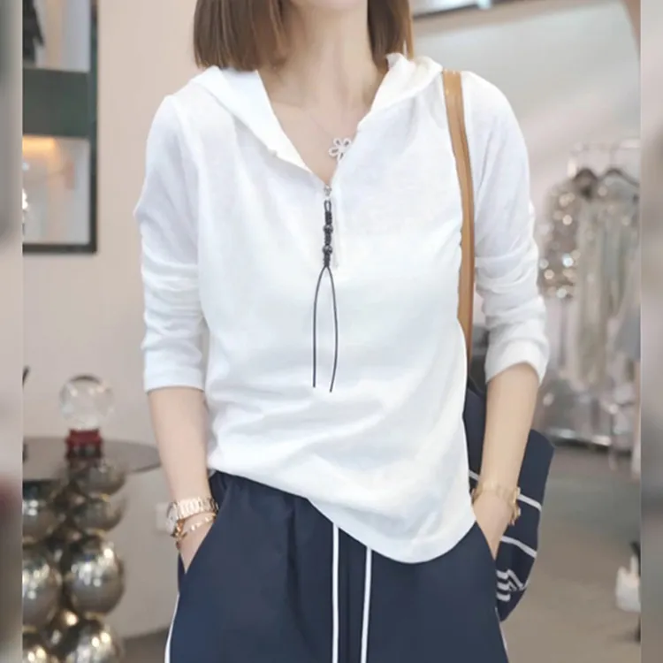 简约宽松遮肉百搭上衣秋季新款胖MM大码女装复古条纹连帽长袖T恤