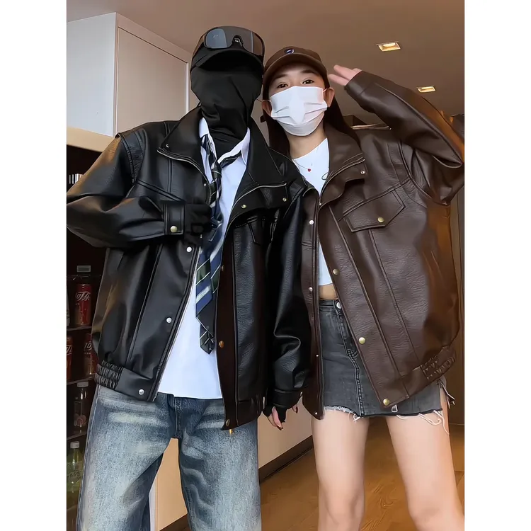 美式pu机车皮衣外套男秋季高级感痞帅短款飞行夹克翻领工装棒球服
