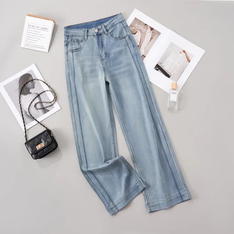 【云云专属】莱赛尔天丝微弹力显瘦直筒裤女蓝色高腰休闲牛仔裤女