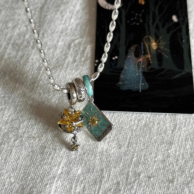 合金项链 "上岸隐士牌"蓝色细闪滴油塔罗牌星星吊坠项链春夏新款