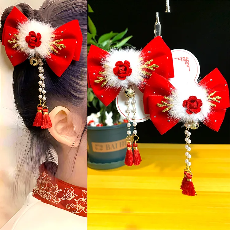 拜年头饰女宝宝新年古风女童红色发夹中国风过年头花小女孩发卡
